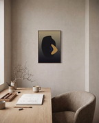 Charcoal Vessel with Mustard black mid century wall art: unframed print is shown framed for styling in a home office; frame not included