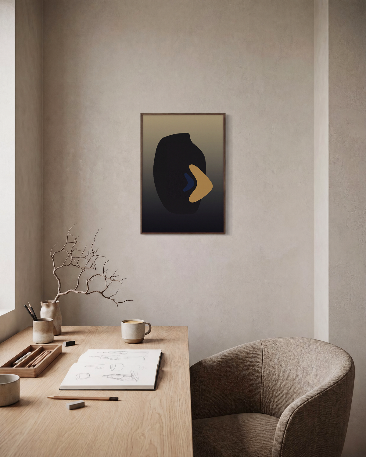 Charcoal Vessel with Mustard black mid century wall art: unframed print is shown framed for styling in a home office; frame not included