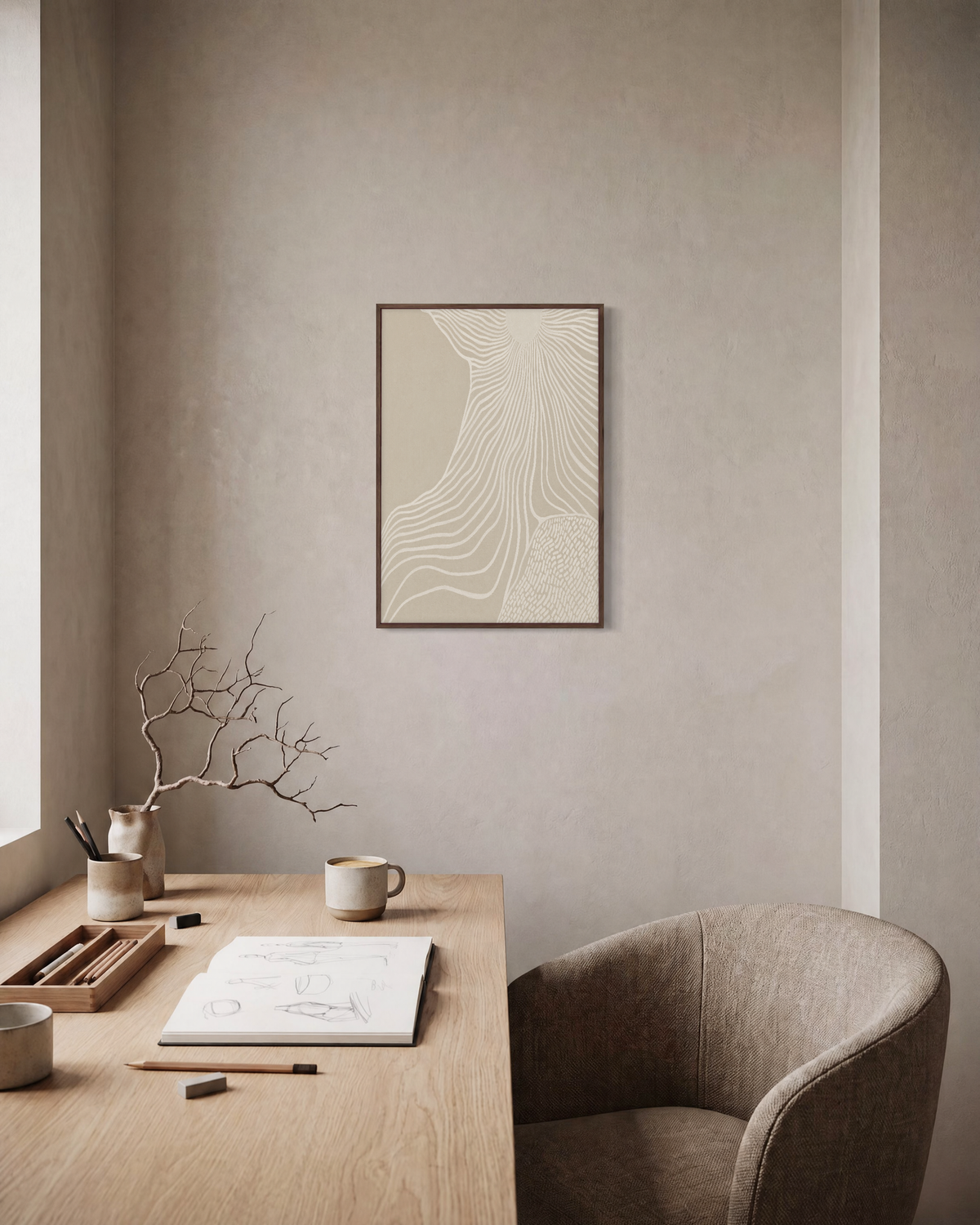 Off-White Circle Lines on Beige abstract circle lines wall art print: unframed print is shown framed for styling in a home office; frame not included