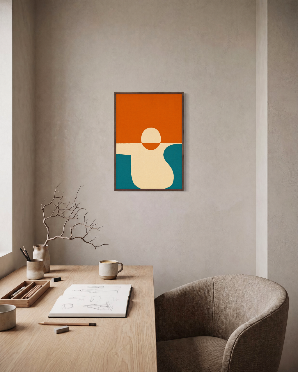 Horizon Sun unframed print is shown framed for styling in a home office; frame not included