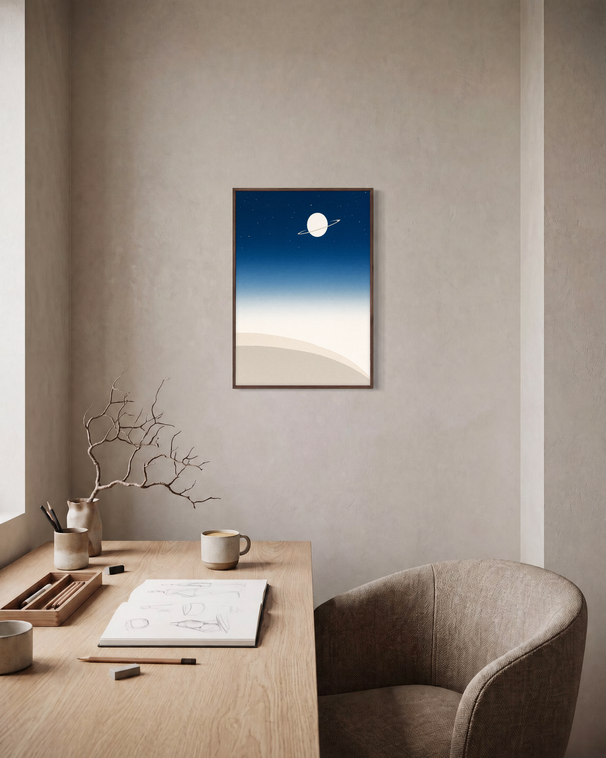 Night Horizon unframed print is shown framed for styling in a home office; frame not included