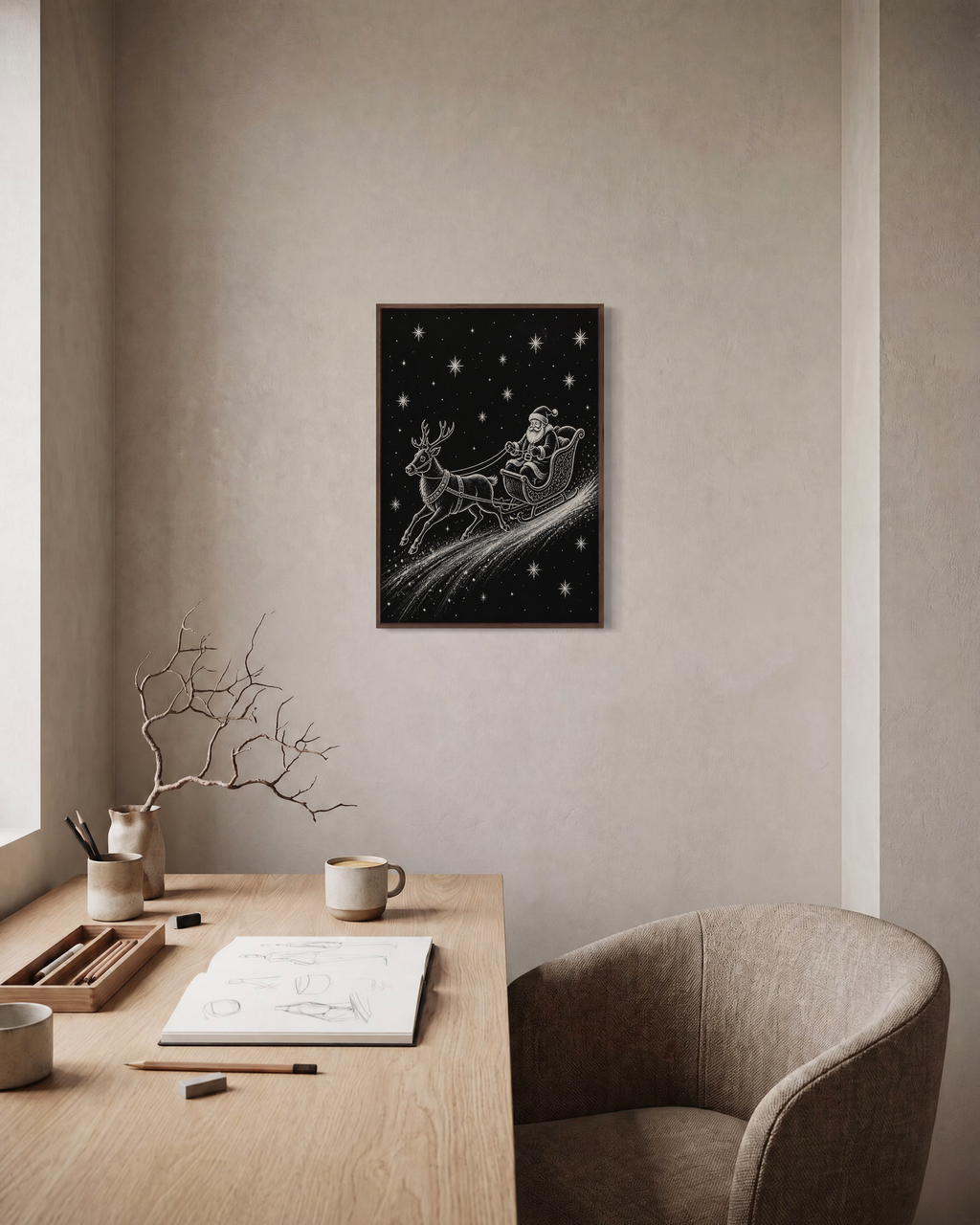 Starlit Ride starlit sled print: unframed print is shown framed for styling in a home office; frame not included