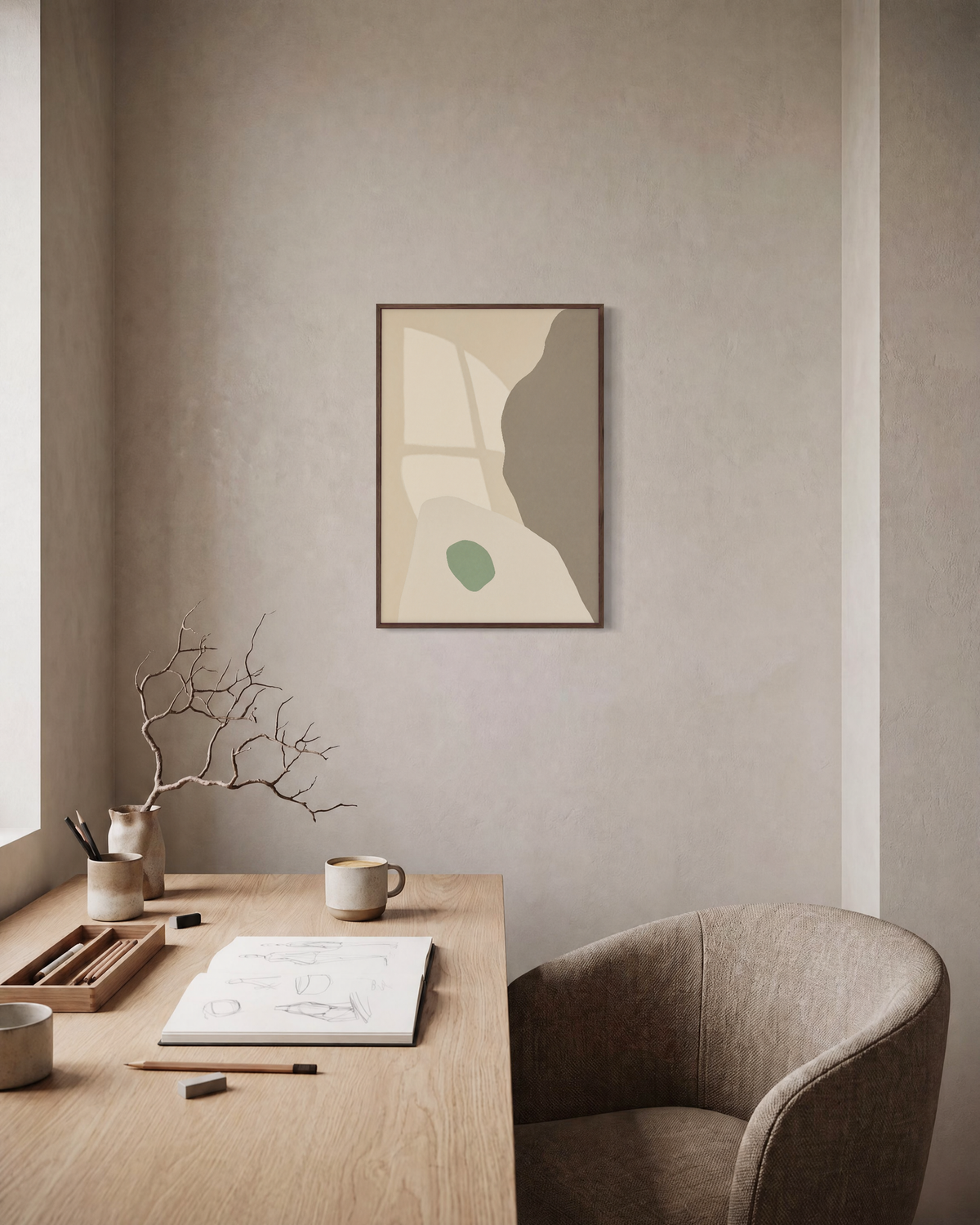 Pale Peach Against Sage pale peach and sage shapes wall art print: unframed print is shown framed for styling in a home office; frame not included