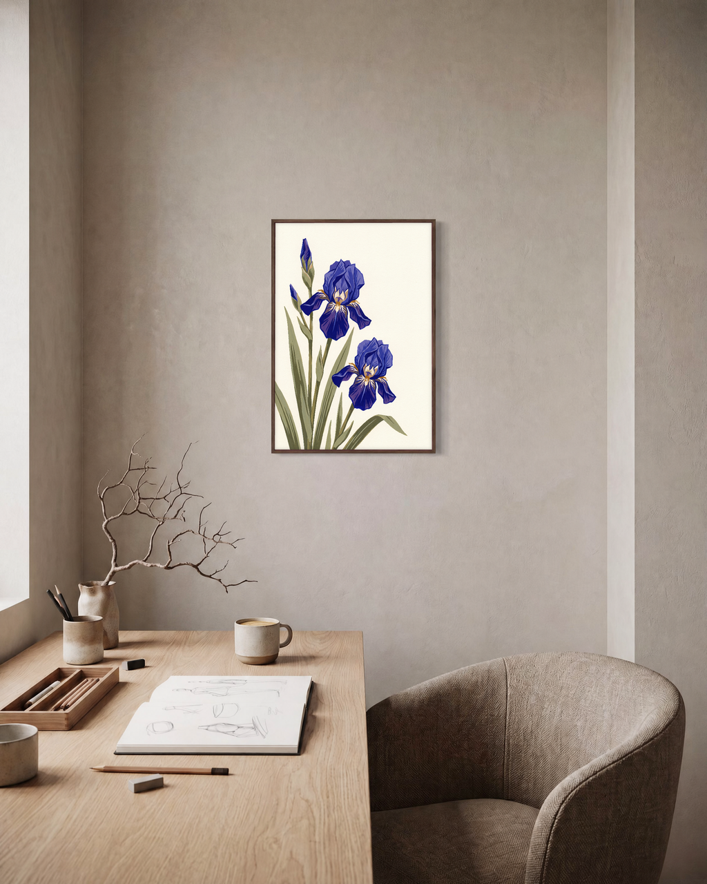 Blue Folk Stem unframed print is shown framed for styling in a home office; frame not included