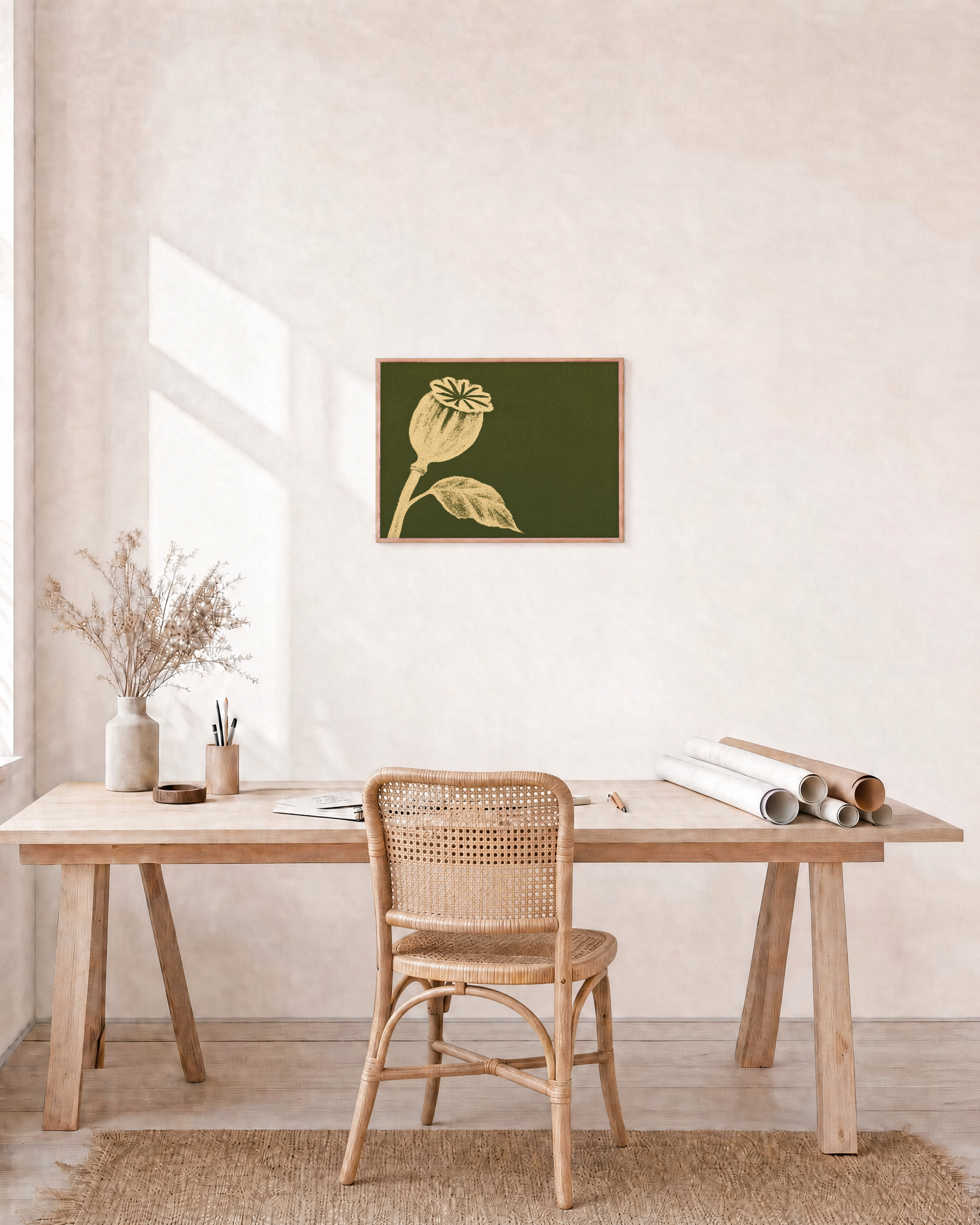 Ivory Bloom Forest unframed print is shown framed for styling in a home office; frame not included