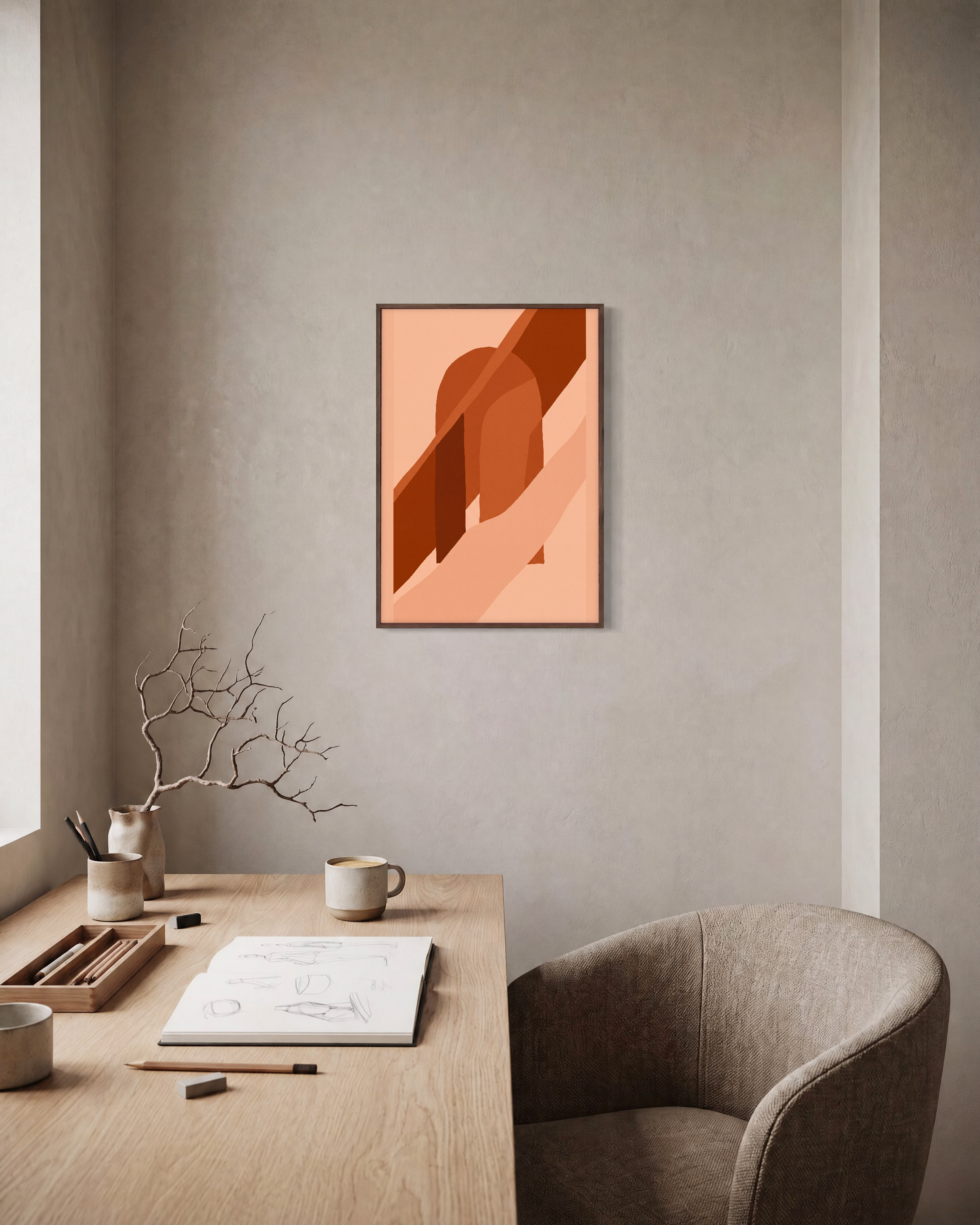 Terracotta Arch unframed print is shown framed for styling in a home office; frame not included