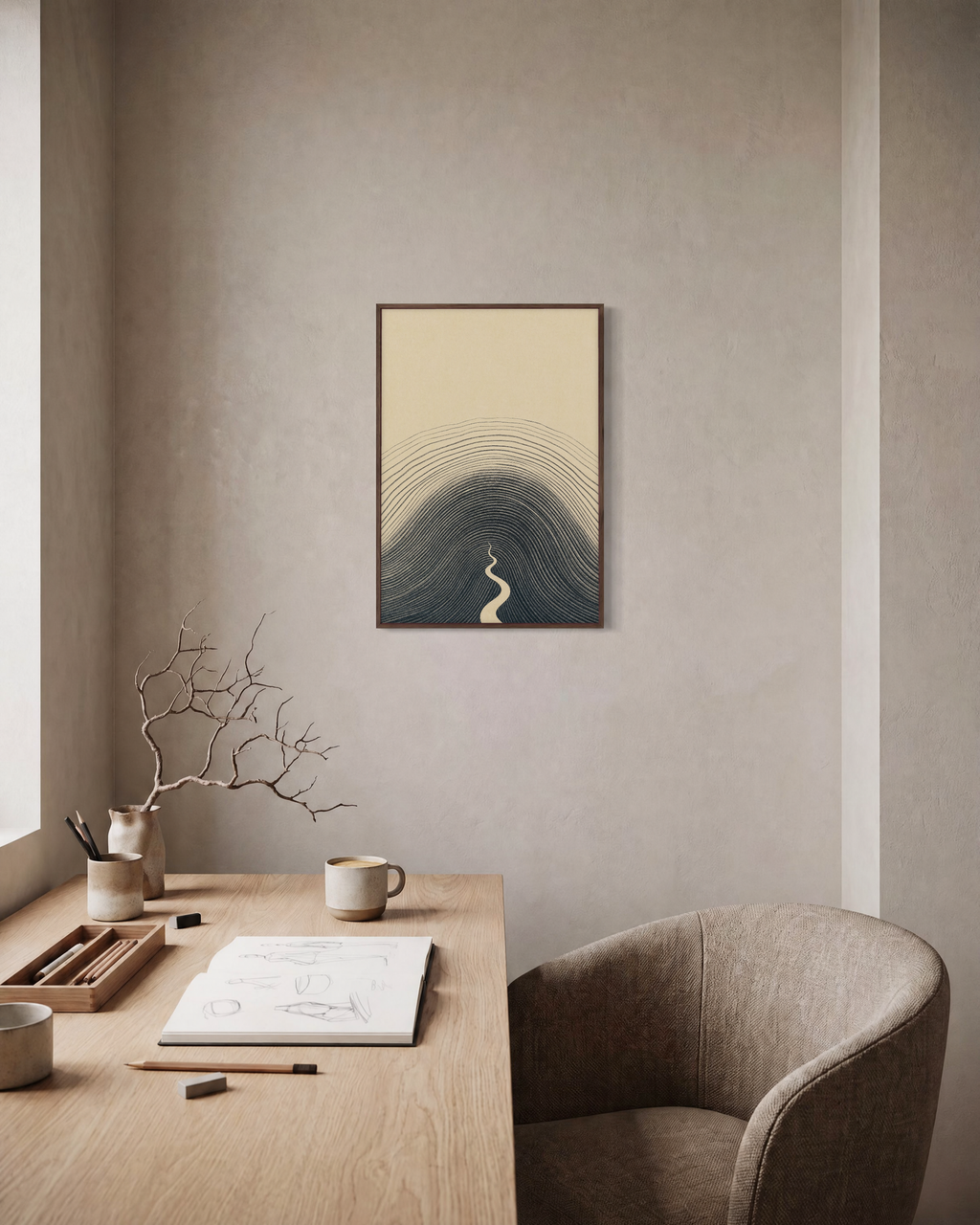 Charcoal Hill Rings unframed print is shown framed for styling in a home office; frame not included