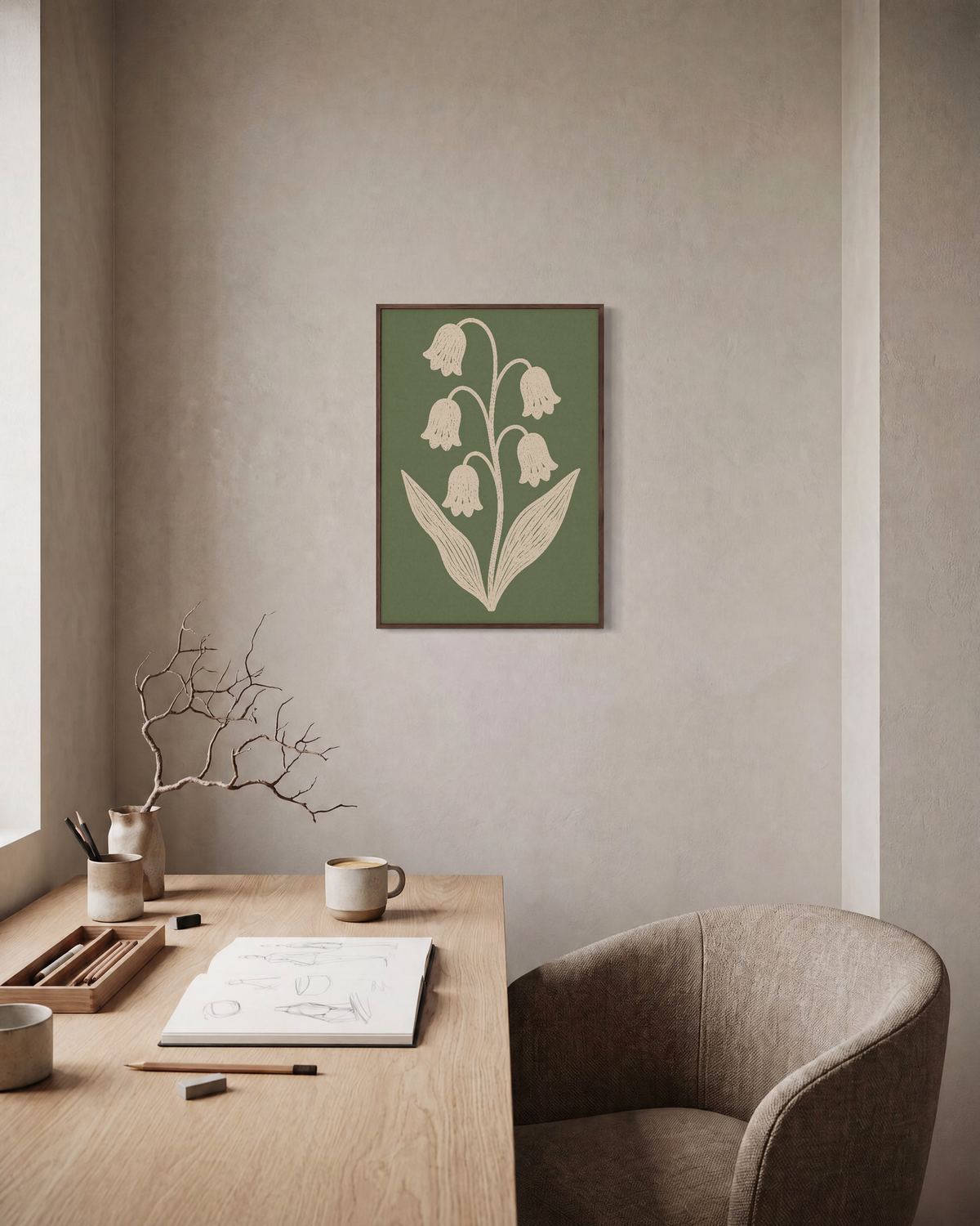 Bell Vine cream bell vine wall art: unframed print is shown framed for styling in a home office; frame not included