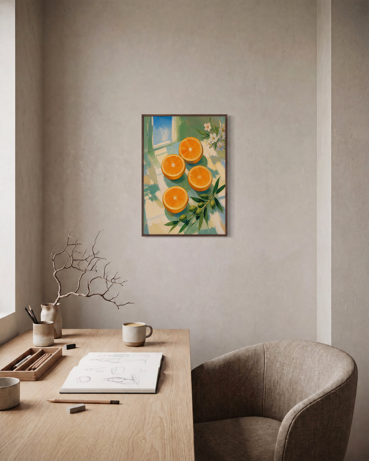 Citrus Noon citrus wheel wall art: unframed print is shown framed for styling in a home office; frame not included