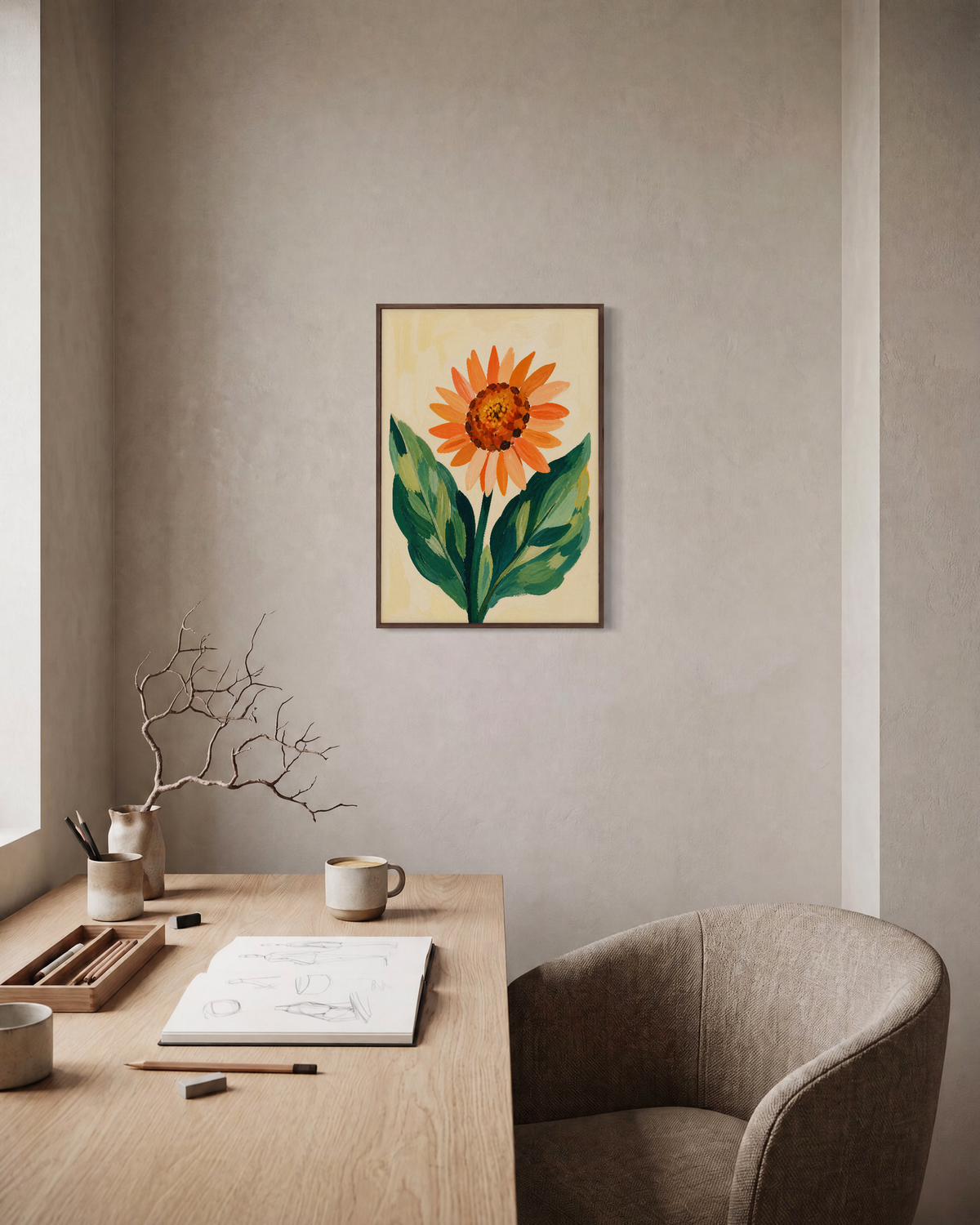 Sunflower Wings sunflower wall art: unframed print is shown framed for styling in a home office; frame not included