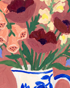 Close-up brush texture and blue pitcher detail from Pink Table Blooms