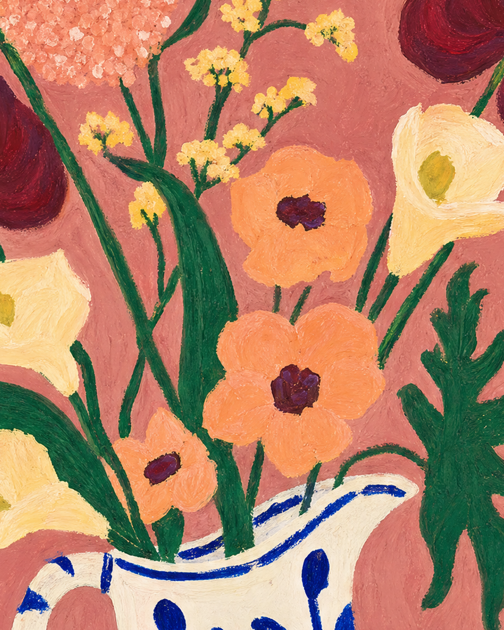 Close-up painted foliage and cobalt pitcher detail from Pink Table Blooms