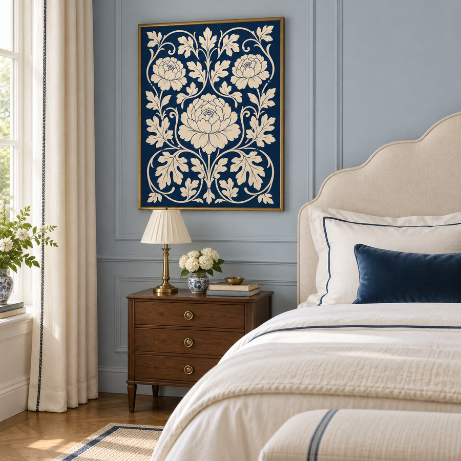 One Loaf Coral Band black cat art print in a warm bedroom corner
