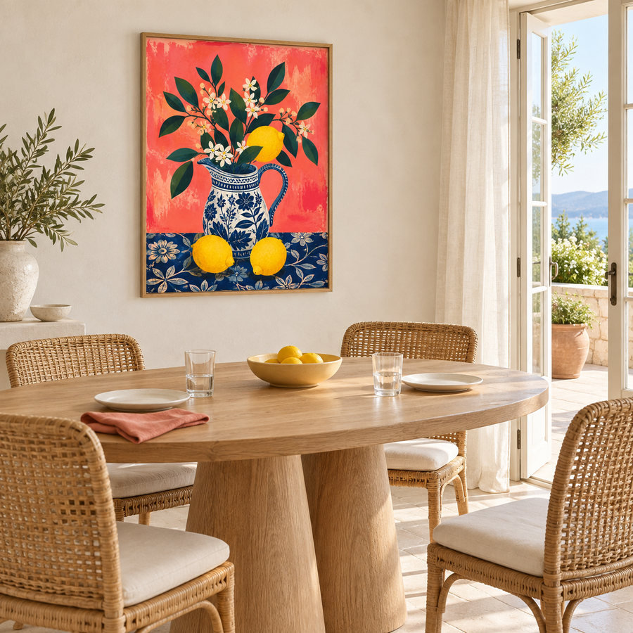 Three Figs art print styled above a warm dining-room sideboard