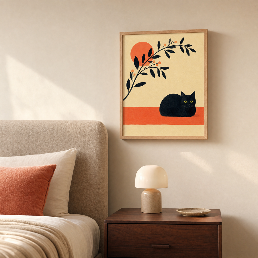 One Loaf Coral Band black cat art print in a warm bedroom corner
