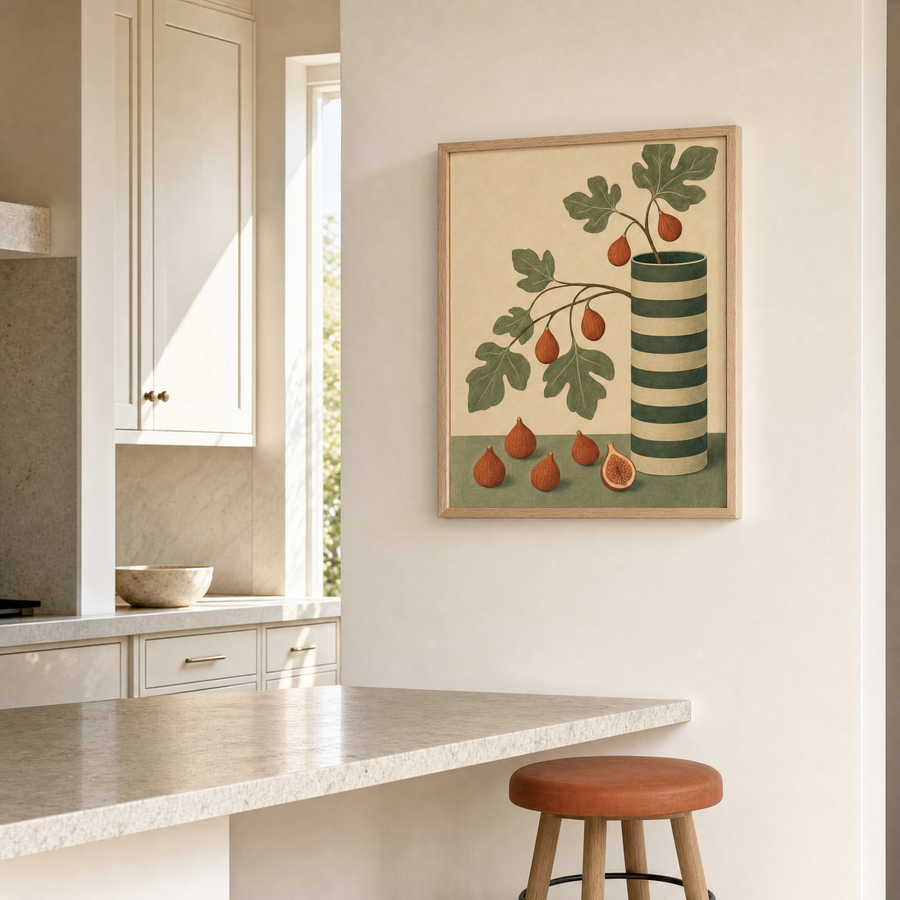Fig Stripe Cylinder botanical art print in a bright kitchen pass-through