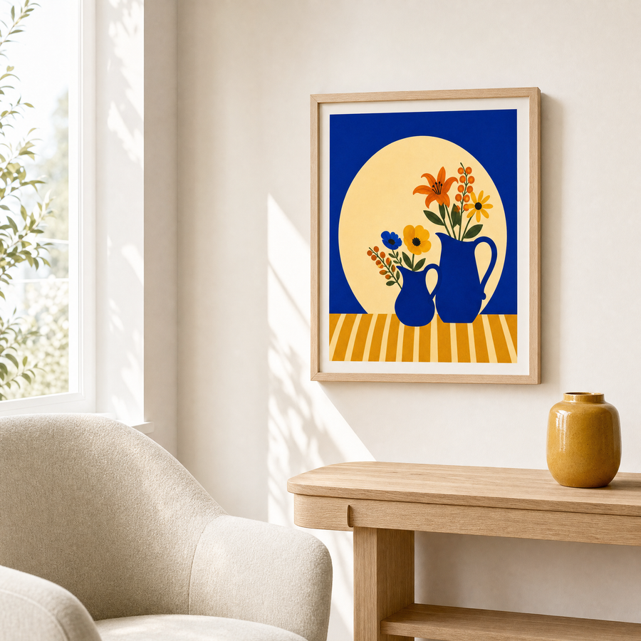 Table Bouquet cobalt pitcher floral art print in a bright living-room corner