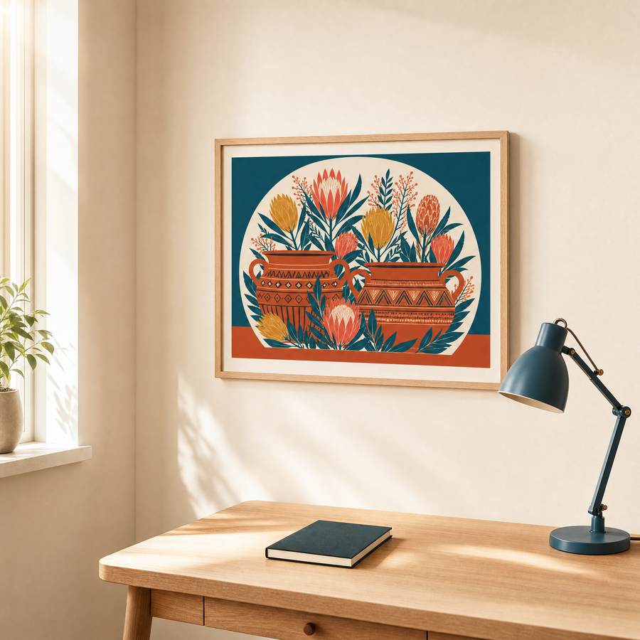 Sunday Proteas vintage floral art print in a bright creative office corner