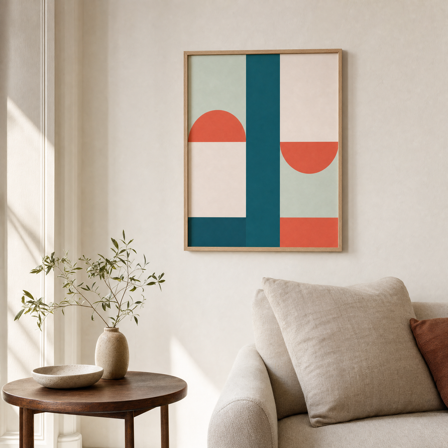 Balanced Noon teal and terracotta abstract art print in a bright sofa corner