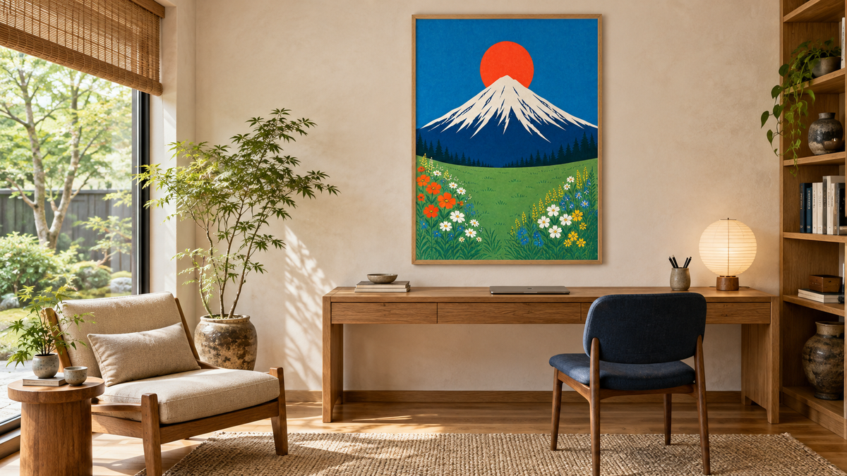 Mount Fuji print above a wood desk in a home office