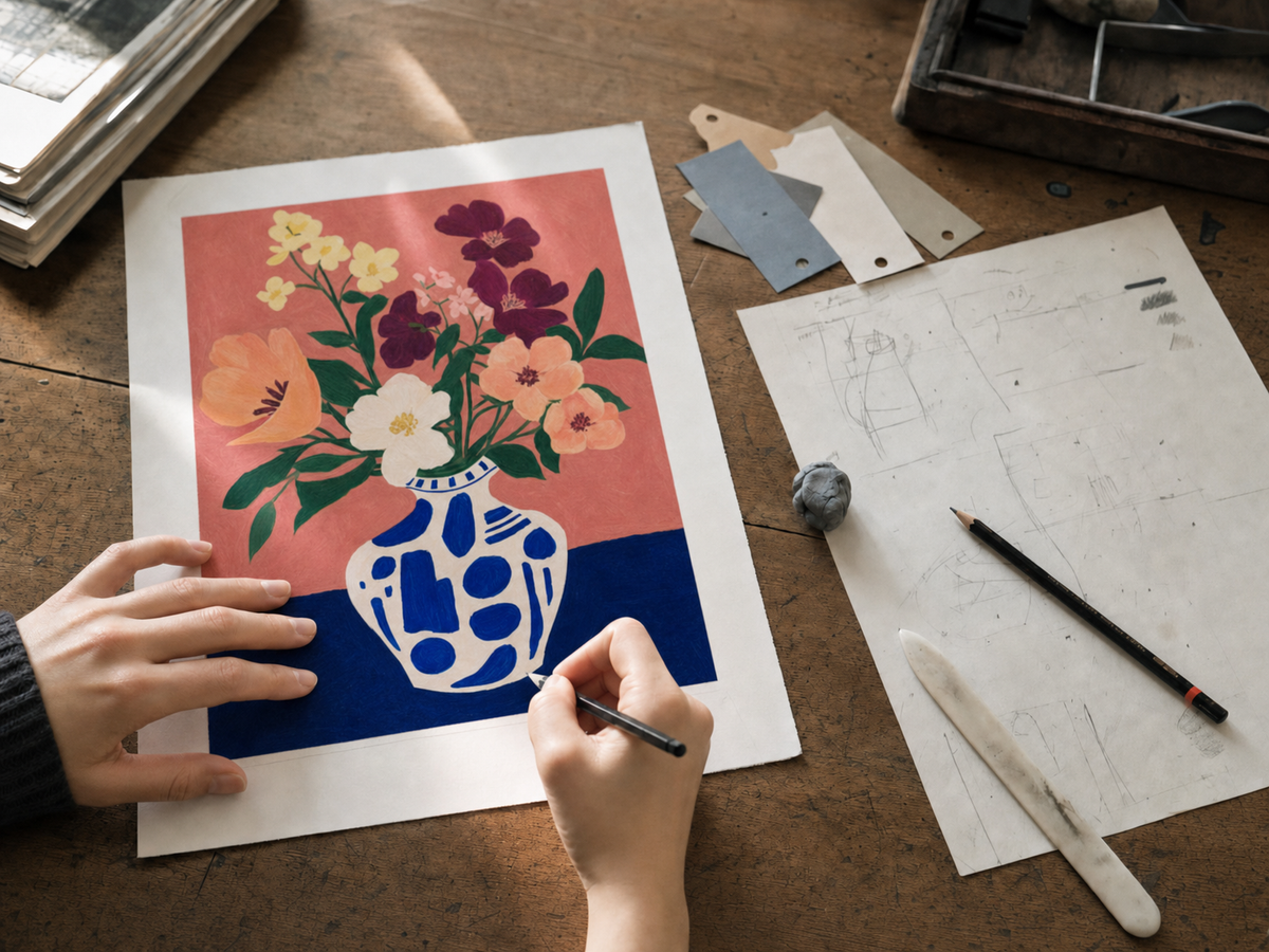 Young hands marking a floral print proof on a studio desk
