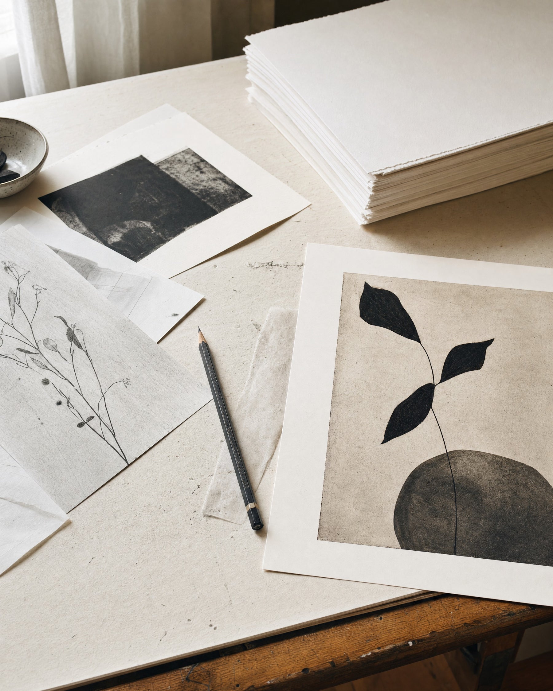 Studio desk with paper proofs, pencil, and a print study