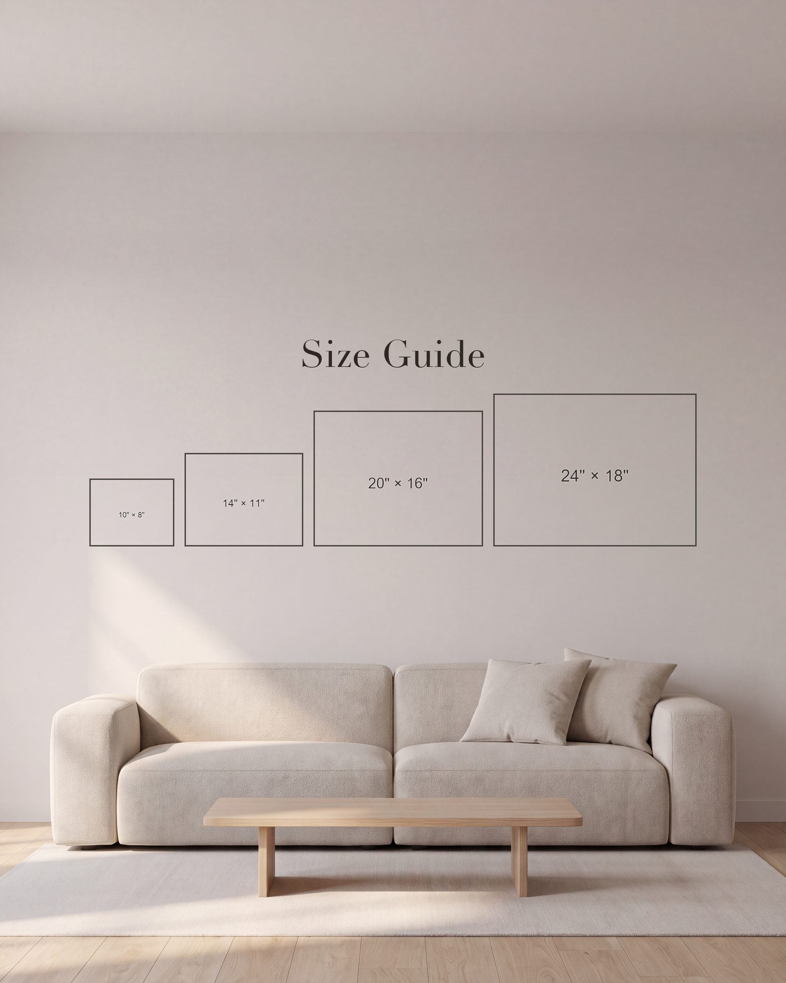Landscape print size chart on a wall above a sofa